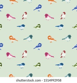 Seamless pattern with little birds hand drawn with ink on neutral green pastel background. Traditional oriental ink painting sumi-e, u-sin, go-hua.