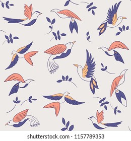 Seamless pattern with little birds and  leaves. Vector illustration. Abstract background. 