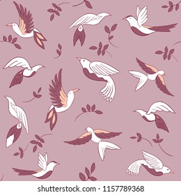 Seamless pattern with little birds and  leaves. Vector illustration. Abstract background. 