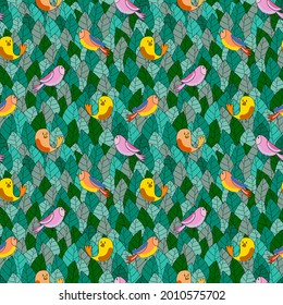 Patrón sin foco con pájaros pequeños, hojas, Cuta colección de aves divertidas. Ilustración del vector