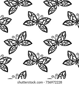 Seamless pattern with little black line butterfly isolated on the white background.