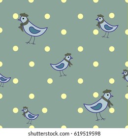 Seamless pattern of the little blue birds and cute yellow polka dots on the gray background. Can be used to create paper for wrapping gifts, wallpaper for children's rooms and fabrics, home textile