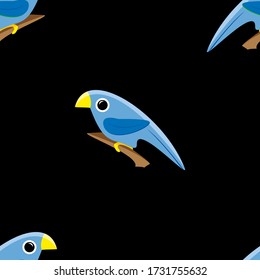 Patrón sin foco de un pequeño loro de dibujos animados azules sentado en una rama marrón. Un pájaro lindo azul sentado en una rama. 