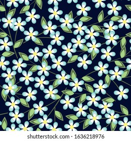 Seamless pattern with little blue flowers. Vector abstract texture on a dark background for textiles, fabrics, shoes, wrapping paper, napkins, phone cases, bags.