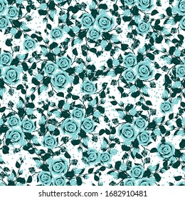 Seamless pattern with little blue roses and leaves on a white background. Vector texture in gray, blue and white colors.
Print for textiles, fabrics, backgrounds, accessories, wrapping paper.