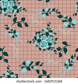 Patrón sin inconvenientes con pequeñas rosas azules y hojas. Textura vectorial en colores gris, azul, rosa y blanco.
Impresión para tejidos, telas, fondos, accesorios, papel de envoltura, papel tapiz.