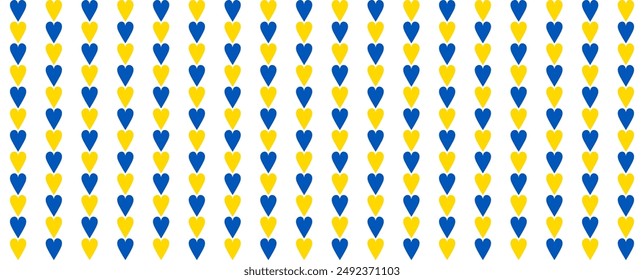 Seamless pattern with little blue and yellow hearts that are neatly aligned in columns on transparent background. Simple pattern for wrapping paper, gift paper, pillows or other. Vector illustration