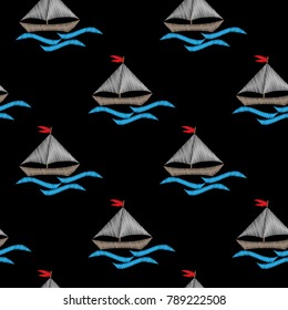 Seamless pattern with little boat with blue wave embroidery stitches imitation on black background. Embroidery vector backdrop with ship and water. 