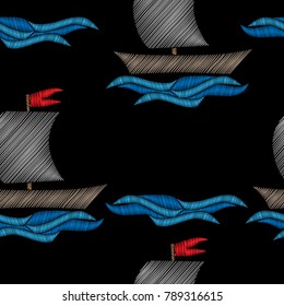 Seamless pattern with little boat with blue wave embroidery stitches imitation on black background. Embroidery vector illustration with ship and water. 