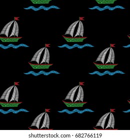 Seamless pattern with little boat embroidery stitches imitation isolated on the black background. Vector boat embroidery illustration.