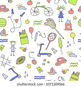 Seamless pattern for little boys and girls. Sketch style. Hand drawn children drawings. Doodle children drawing background. Vector illustration.