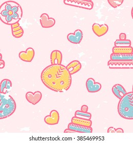 Seamless pattern with little bunnies and pyramid toys in cute childish style. Happy babyish color palette (pale pink, blue and yellow)