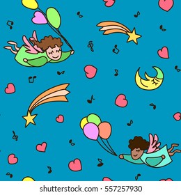 seamless pattern of little cartoon angels with heart, balloon, note. Festive background