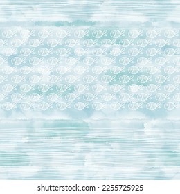 Seamless pattern with little cartoon fishes on blue watercolor background.  Hand drawn vector illustration. Perfect for wallpaper, wrapping, fabric and textile. 