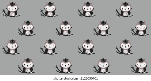 Seamless pattern of little cartoon owlets sitting on branches. Children's endless texture on a gray background. Forest nocturnal birds in Scandinavian style. Vector.