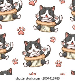 Seamless pattern little cat cupcakes with cat paw cartoon vector illustration, Cute character cartoon, Kawaii style, This design can be used as a cute background and used as part of a design.