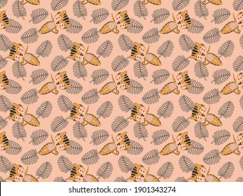 Seamless pattern of little cheerful cartoon tiger cubs in Vasishthasana asanas and black contour palm leaves on a pinkish beige background. Orange kitties in yoga poses. Vector.