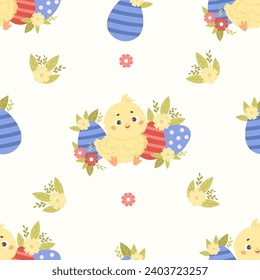 Seamless pattern little chick with Easter egg and flowers on white background. Vector illustration for paschal design, wallpaper, packaging, textile. Kids collection