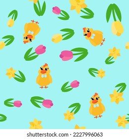 Seamless pattern little chick and spring flowers daffodils, tulips. Ornament for children's textiles, packaging, background design in cartoon style.