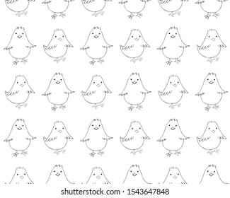 Seamless pattern little chicken art line in vector. Cute chick in cartoon style. Black drawn continuous line. Baby farm animal. Little cute baby chicken. Hand drawn sketch. Bird black and white line.