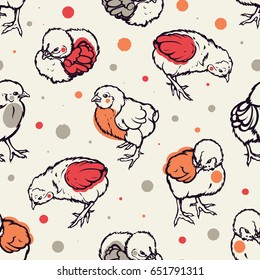 Seamless pattern with little chicken. Poultry. Farming. Livestock raising. Hand drawn. Vector illustration.