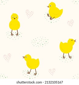 Seamless pattern with little chickens and dots. Cute different chicks. Festive endless vector background for Easter or birthday. Endless texture for wallpaper, wrapping paper, fabric