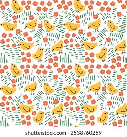 Patrón sin fisuras con pequeños pollos y flores. Chicas lindas con diferentes sonrisas. Fondo de Vector interminable festivo para Pascua o cumpleaños. Textura sin fin para el Fondo de pantalla, papel de embalaje, tela