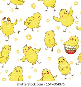 Seamless pattern with little chickens. 
Sketch texture on a white background. Colorful background for Easter and children's fabrics.