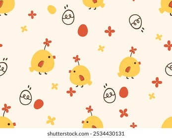 Patrón sin fisuras con pollitos, huevos de Pascua y linda flor sobre fondo amarillo Vector. 