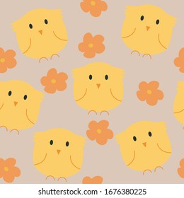Seamless pattern with little chicks and flowers