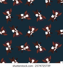 Seamless pattern of little chihuahua cupids on a dark background