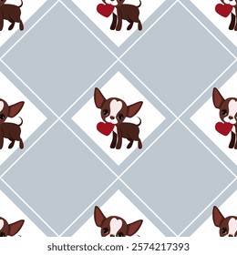 Seamless pattern with little chihuahuas with hearts and diamonds 