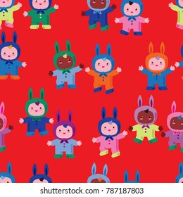 Seamless pattern. Little children play and dance in the costumes of Easter rabbits. Group of kindergarten. Children's Carnival. Easter greeting card.