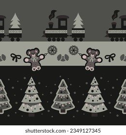 Seamless Pattern. Little Christmas train carrying the Christmas tree. Cute cuddly bear. Christmas tree and angel. Dark gray and Almond Green color. Vector.