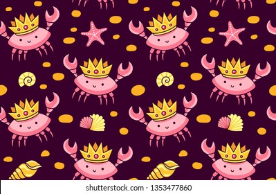 Seamless pattern with little crabs on a dark background. Print for babies, children, kids. Vector illustration.