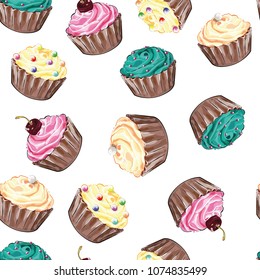 seamless pattern with little cupcakes,muffins. decorated with fruits and sweets.