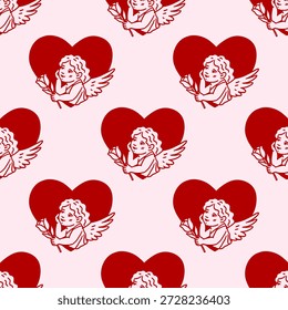 Seamless pattern with little cupid angel and red heart. Baby girl with wing holding tulip flower in hands. Pink background for wedding, birthday, valentine day. Vintage hand drawn illustration