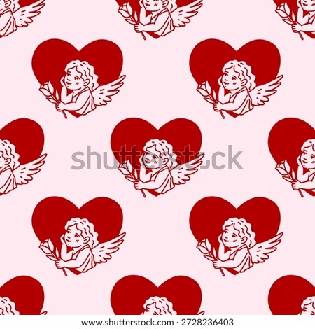 Seamless pattern with little cupid angel and red heart. Baby girl with wing holding tulip flower in hands. Pink background for wedding, birthday, valentine day. Vintage hand drawn illustration