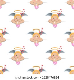 Seamless pattern of a little Cupid holding a Valentine's day card on a white background. Vector image. esp 10