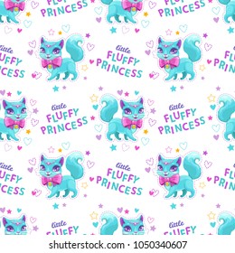 Seamless pattern with little cute cartoon pretty cat princess. Childish kitty texture. Vector illustration.