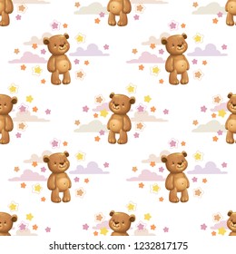 Seamless pattern with little cute cartoon stuffed bear toys and stars. Vector childish texture.