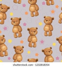 Seamless pattern with little cute cartoon stuffed bear toys and stars on the grey background. Vector childish texture.