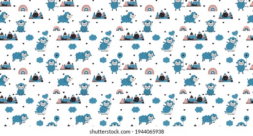 Seamless pattern of little cute cartoon blue lambs with calligraphic inscriptions, clouds, rainbows, mountains and hearts on a white background in the Scandinavian style. Vector.