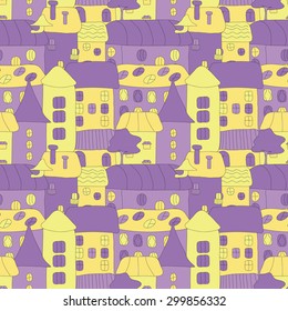 Seamless pattern with little cute cartoon houses and trees. Hand drawn design for fabric, wrapping paper, greeting cards or invitation. Vector illustration. Childish background.