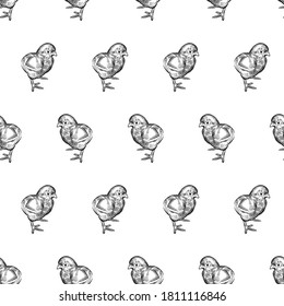 Seamless pattern. Little cute Chickens. Decorative background. Domestic bird. Farm animals series. Vector illustration of poultry. Black and white graphics. Vintage sketch.