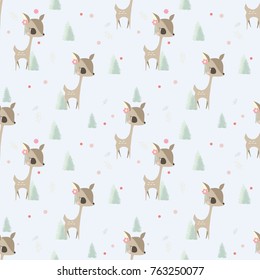Seamless pattern  with little cute Deer,christmas tree, snowman and tree under the snow, 
Background for invitation, poster, greeting cards,wallpaper, paper art Christmas postcard with Winter Forest