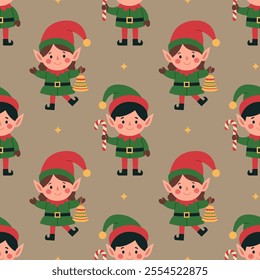 Seamless pattern with little cute elves on beige background. Santa helpers. Boy with candy cane and girl with bell. Christmas characters. Vector flat illustration for wallpaper, textile, packaging