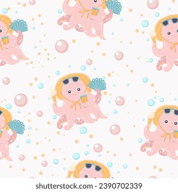 Seamless pattern with little cute female octopus standing with sunglasses, cocktail, ice-cream. Print for summer clothes.