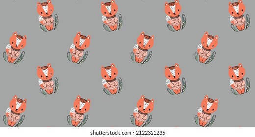 Patrón sin foco de zorros lindos en sudaderas rosas y hierba en un fondo gris. Hermosa textura de dibujos animados de estilo escandinavo para el diseño de los niños pequeños. Vector.
