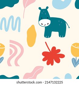 Seamless pattern with little cute hippo, flower, leaf and freeform doodle objects on white background modern abstraction for fabric, textile, wallpaper